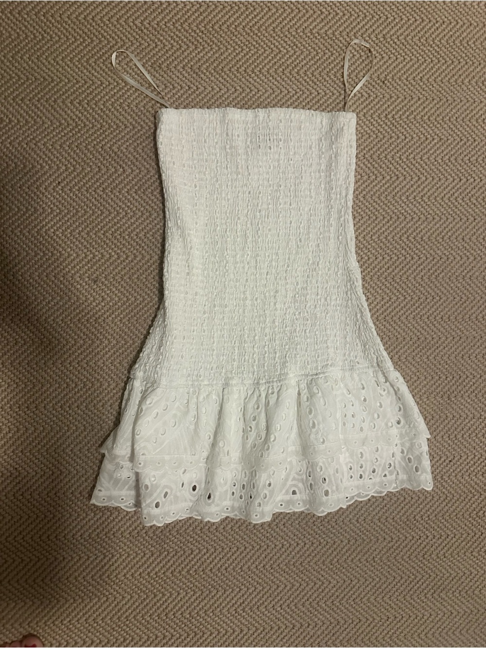 Edikted White Eyelet Smocked Mini Dress with Ruffle Hem size small